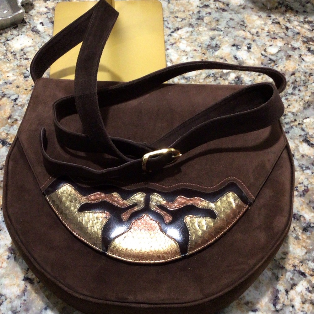 Gorgeous Bally Vintage Italian Brown Suede Crossbody Bag Snakeskin Appliqué